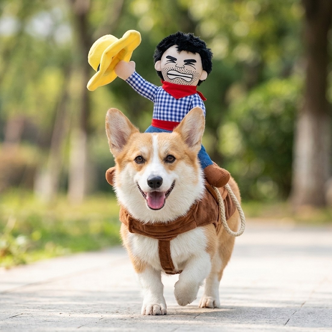 A corgi running with a little cowboy riding on its back