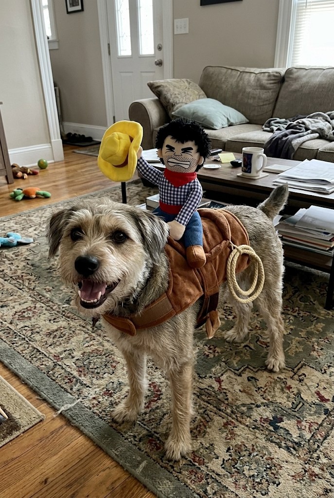 Small shaggy dog wearing the Paw Cowboy costume in a living room